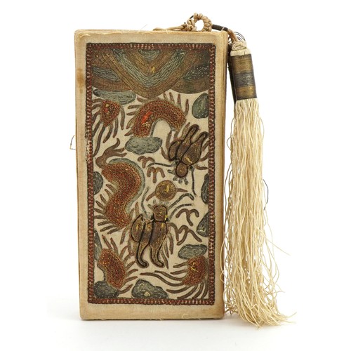 238 - Chinese style stump work silk cigarette case embroidered with animals and insects, 14.5cm in length