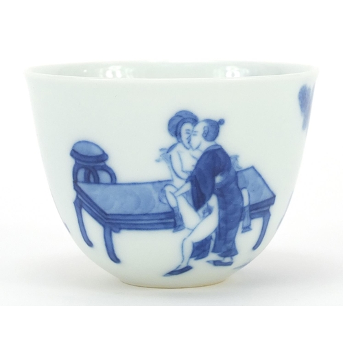 72 - Chinese blue and white porcelain tea bowl hand painted with an erotic scene, six figure character ma... 