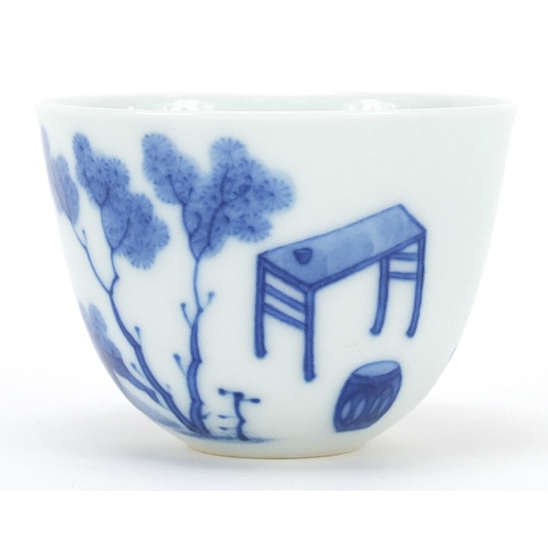 72 - Chinese blue and white porcelain tea bowl hand painted with an erotic scene, six figure character ma... 