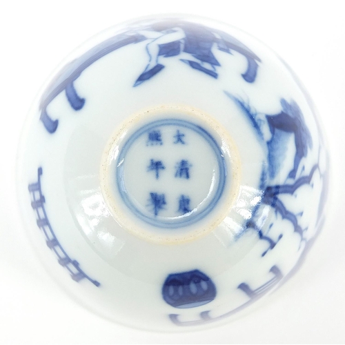 72 - Chinese blue and white porcelain tea bowl hand painted with an erotic scene, six figure character ma... 