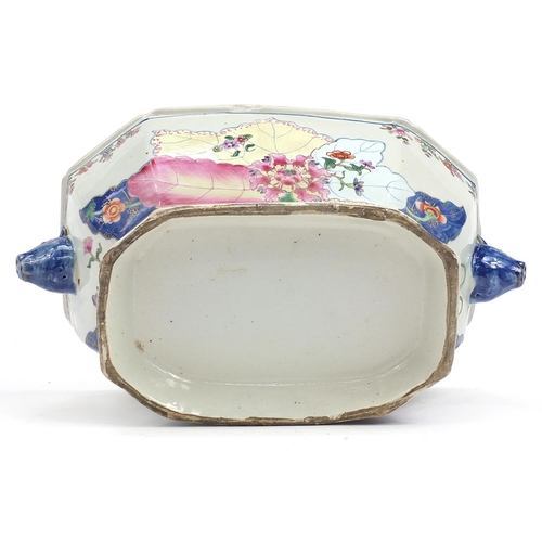 256 - Chinese wucai porcelain tureen and cover with twin handles hand painted with flowers, 35cm wide