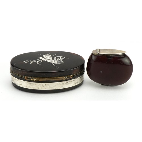 404 - Regency tortoiseshell and silver pique work snuff box and a Betel nut vesta  with silver mounts, the... 