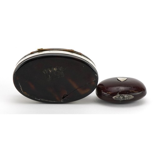 404 - Regency tortoiseshell and silver pique work snuff box and a Betel nut vesta  with silver mounts, the... 