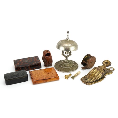 406 - Victorian and later objects including Merry Phipson Parker letter clip, Victorian brass fishing reel... 