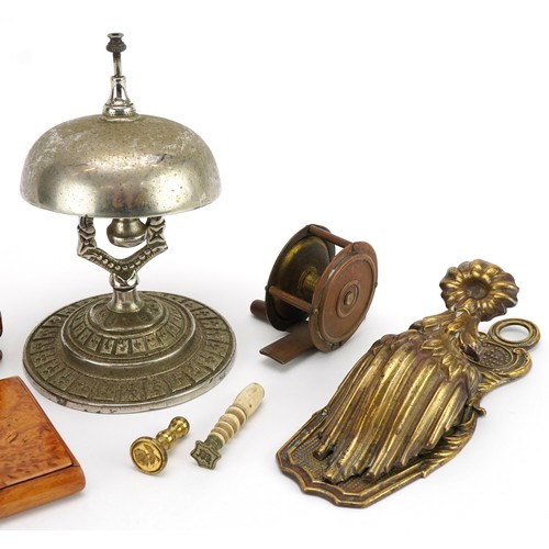 406 - Victorian and later objects including Merry Phipson Parker letter clip, Victorian brass fishing reel... 