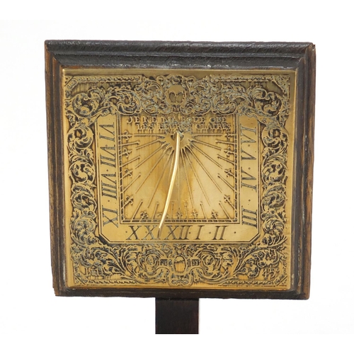 628 - Antique oak backed brass sundial and compass, 15.5cm high