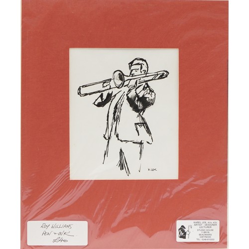 320 - Karel Lek - Roy Williams & Ian Royle, two Welsh pen and ink drawings, each mounted, unframed, the la... 