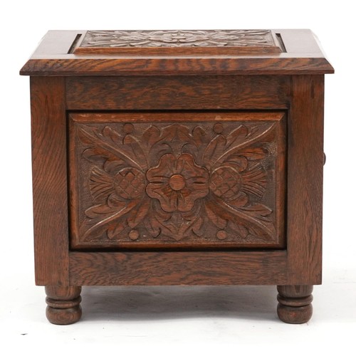 882 - Art Deco oak coal box with liner carved with a Tudor rose, 40cm H x 44cm W x 33cm D