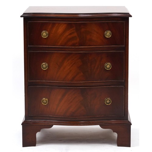 892 - Mahogany serpentine front three drawer chest, 66cm H x 53.5cm W x 42cm D