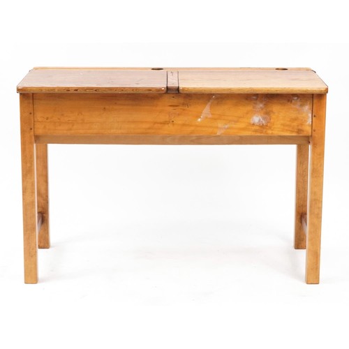 909 - Vintage pine double school desk, 69cm H x 102cm W x 46cm D