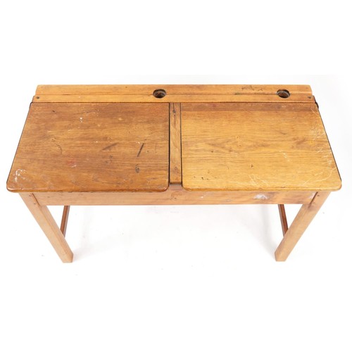 909 - Vintage pine double school desk, 69cm H x 102cm W x 46cm D