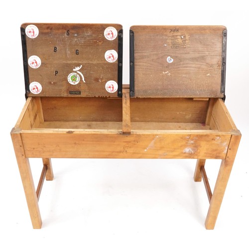 909 - Vintage pine double school desk, 69cm H x 102cm W x 46cm D