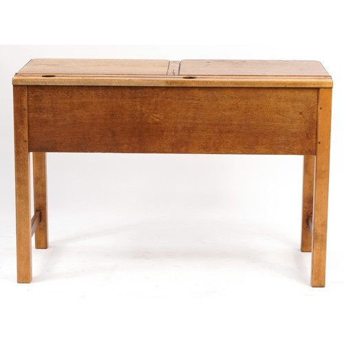 909 - Vintage pine double school desk, 69cm H x 102cm W x 46cm D