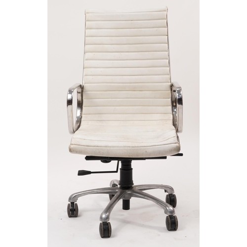 910 - Chrome framed white leather swivel office chair, 115cm high