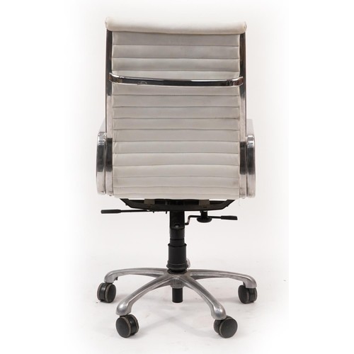 910 - Chrome framed white leather swivel office chair, 115cm high