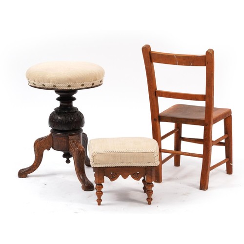 928 - Occasional furniture including a Victorian piano stool and childs chair, the largest 61cm high