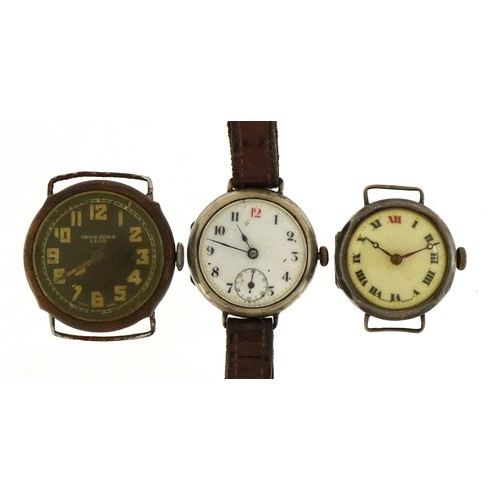 2096 - Three military interest trench watches, two silver with enamel dials, the largest 30mm in diameter