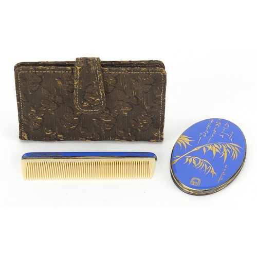 115 - Chinese or Japanese style silver gilt and enamel hand mirror and comb with embroidered case, the mir... 