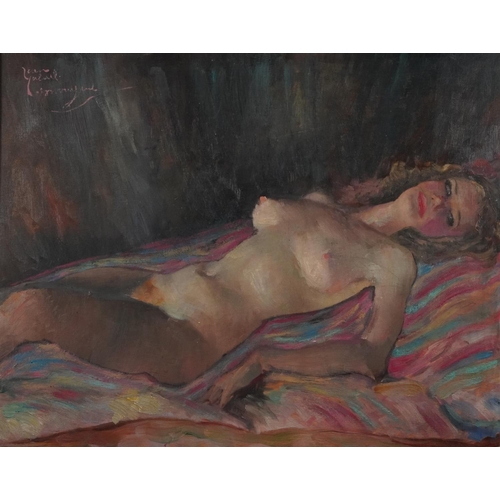 131 - Reclining nude female, continental oil on board, mounted and framed, 50cm x 40cm excluding the mount... 