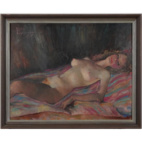 131 - Reclining nude female, continental oil on board, mounted and framed, 50cm x 40cm excluding the mount... 