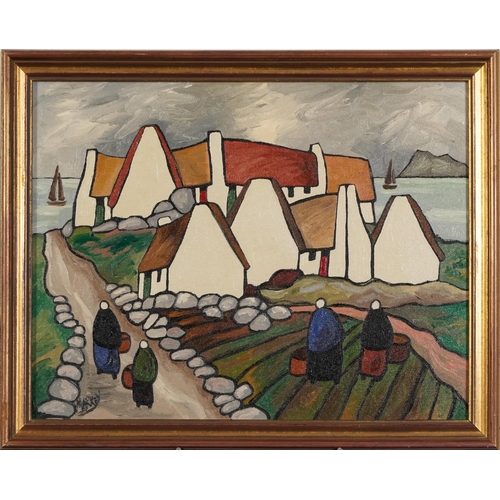 413 - Manner of Markey Robinson - Potato gatherers, Irish school oil on canvas board, framed, 44cm x 34cm ... 