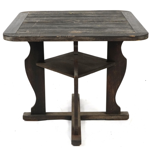 854 - Shipping interest teak garden table and four chairs, made from teak taken from HMS Powerful circa 19... 