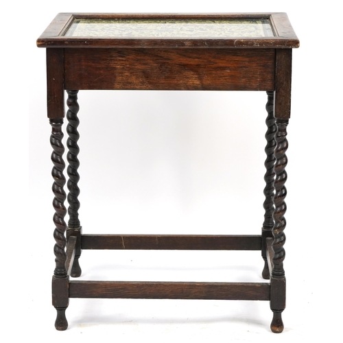 912 - Oak barley twist occasional table with glass top and Chinese decoration, 71cm H x 60cm W x 46cm D