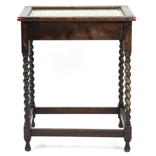 912 - Oak barley twist occasional table with glass top and Chinese decoration, 71cm H x 60cm W x 46cm D