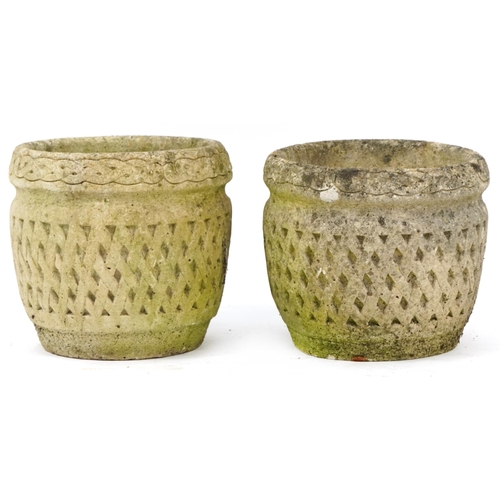 957 - Pair of garden stoneware basket weave design planters, 30cm high x 33cm in diameter