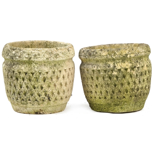 957 - Pair of garden stoneware basket weave design planters, 30cm high x 33cm in diameter