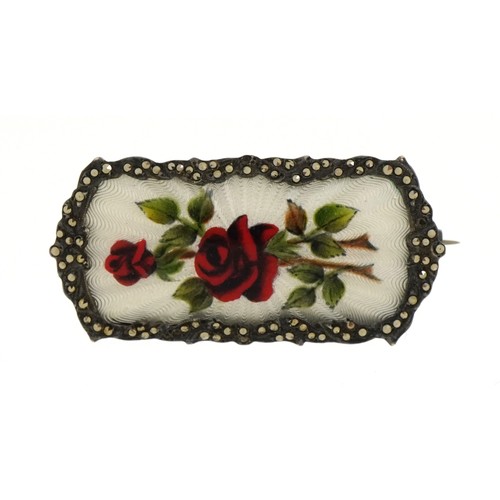 2091 - Unmarked silver marcasite and guilloche enamel brooch decorated with roses, 4.5cm wide, 9.4g