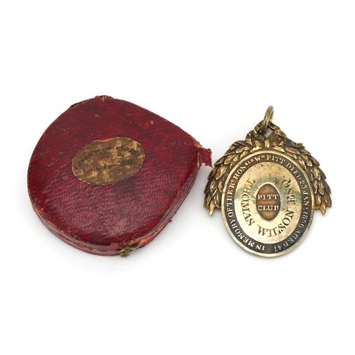 2529 - George III silver gilt Pitt Club member's badge with silk and velvet lined case, the medal engraved ... 