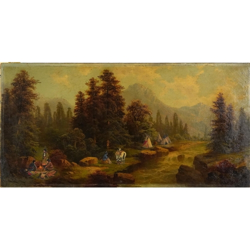 1003 - Manner of Richard Lorenz - Red Indian Encampment Beside a River, 19th century oil on canvas, unframe... 