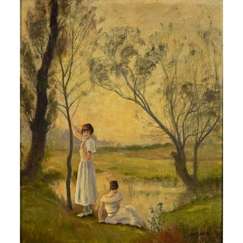 217 - Two females beside a lake, late 19th/early 20th century French school oil on canvas, chalk marks ver... 