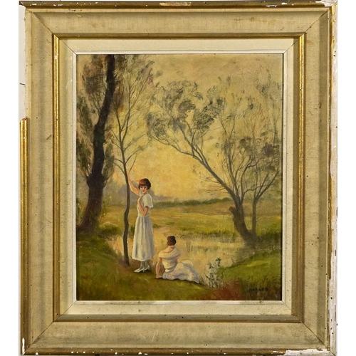 217 - Two females beside a lake, late 19th/early 20th century French school oil on canvas, chalk marks ver... 