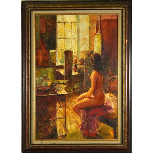 401 - Nude female model in an artist's studio, oil on canvas, mounted and framed, 89cm x 59cm excluding th... 