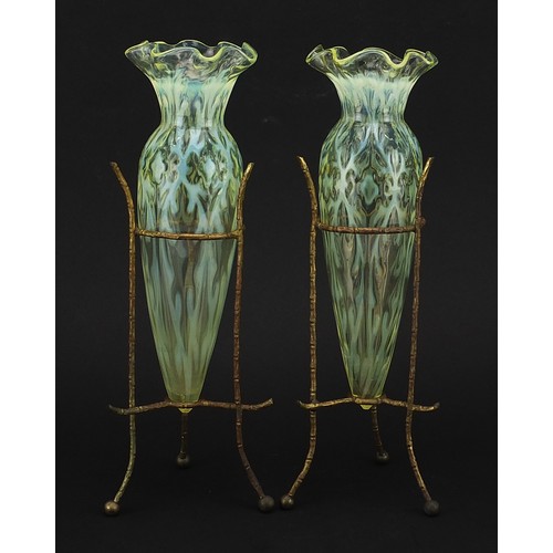 133 - Attributed to James Powell & Sons, pair of Arts & Crafts Vaseline glass vases housed in gilt metal f... 