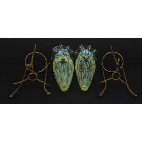 133 - Attributed to James Powell & Sons, pair of Arts & Crafts Vaseline glass vases housed in gilt metal f... 