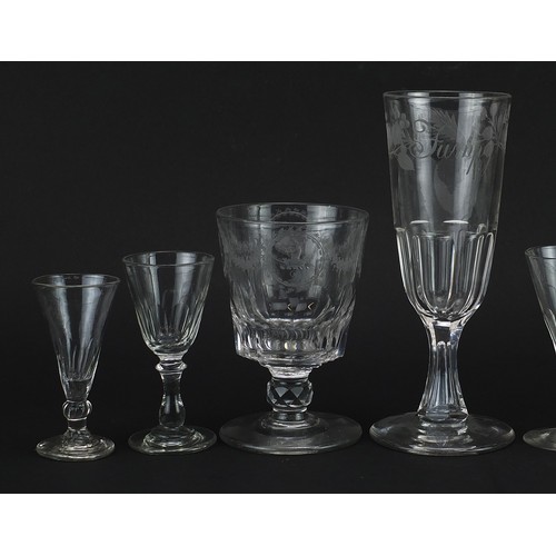 101 - Seven antique glasses including an 18th century rummer with heraldic engraving, the largest 21cm hig... 