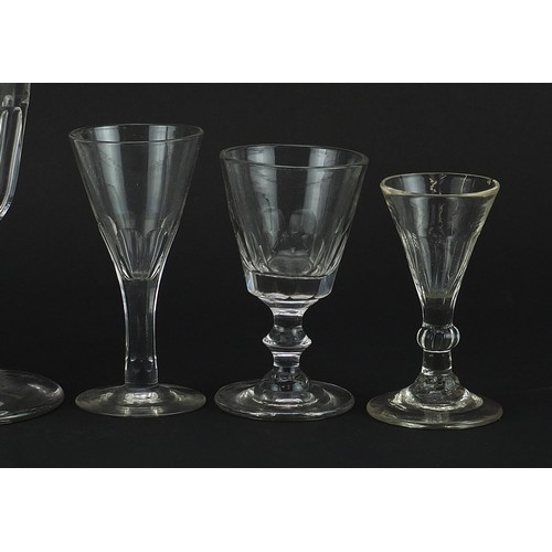 101 - Seven antique glasses including an 18th century rummer with heraldic engraving, the largest 21cm hig... 