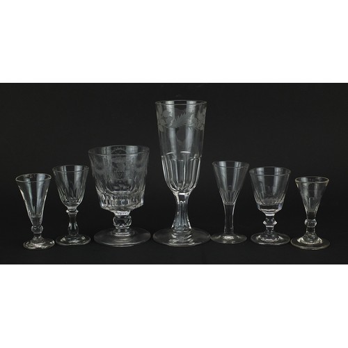 101 - Seven antique glasses including an 18th century rummer with heraldic engraving, the largest 21cm hig... 