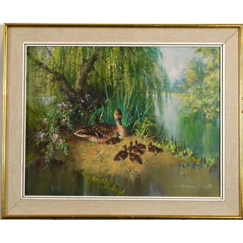 216 - Vernon Ward - Summer Babies, ducks with ducklings, oil on canvas, inscriptions and Beckstones Galler... 