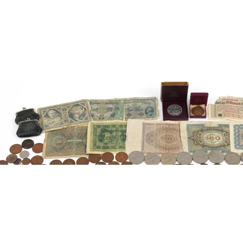 2523 - Collection of antique and later coinage and bank notes, some silver including festival of Britain cr... 