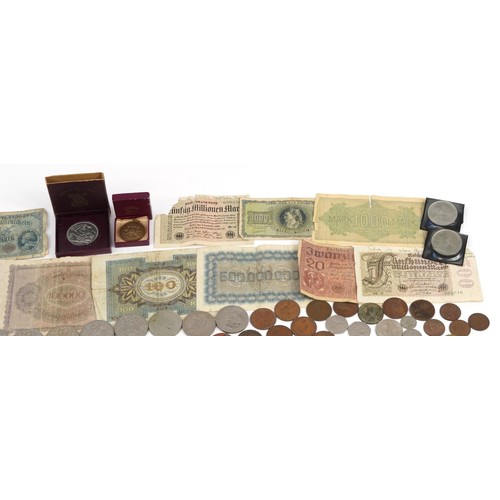 2523 - Collection of antique and later coinage and bank notes, some silver including festival of Britain cr... 