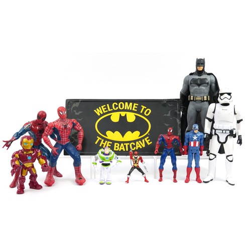 1562 - Superhero toys and collectables including Spiderman, Batman and Storm Trooper action figures, the la... 