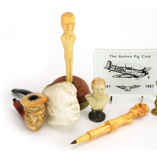 631 - Military and political interest collectables including Guinea Pig Club glass dish, two pens in the f... 