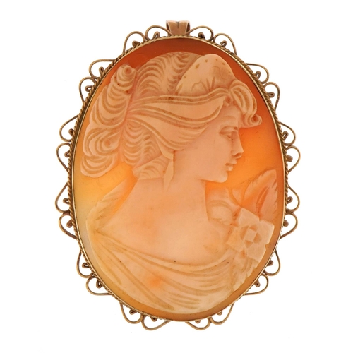 1123 - Large 9ct gold mounted cameo maiden head pendant brooch, 5.5cm high, 17.4g