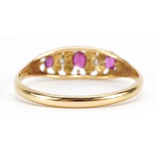 1093 - Victorian unmarked gold ruby and diamond five stone ring, indistinctly stamped to the band, size Q, ... 