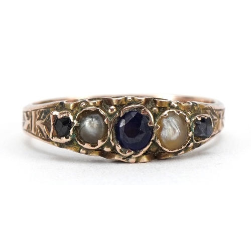 1072 - Victorian 9ct rose gold seed pearl, sapphire and blue stone ring with engraved shoulders, Birmingham... 