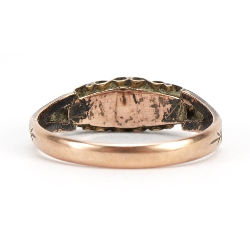 1072 - Victorian 9ct rose gold seed pearl, sapphire and blue stone ring with engraved shoulders, Birmingham... 